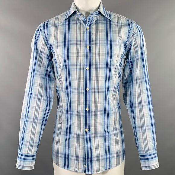 ETRO Size M Blue White Plaid Cotton Button Up Long Sleeve Shirt - Picture 1 of 4